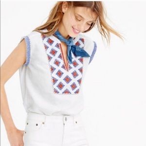 Jcrew - EUC no sleeved linen top in white w red and blue embroidery, size 00